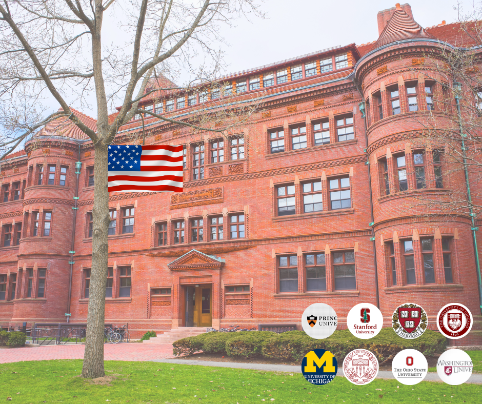 American university with the American flag and logos of top US univerities