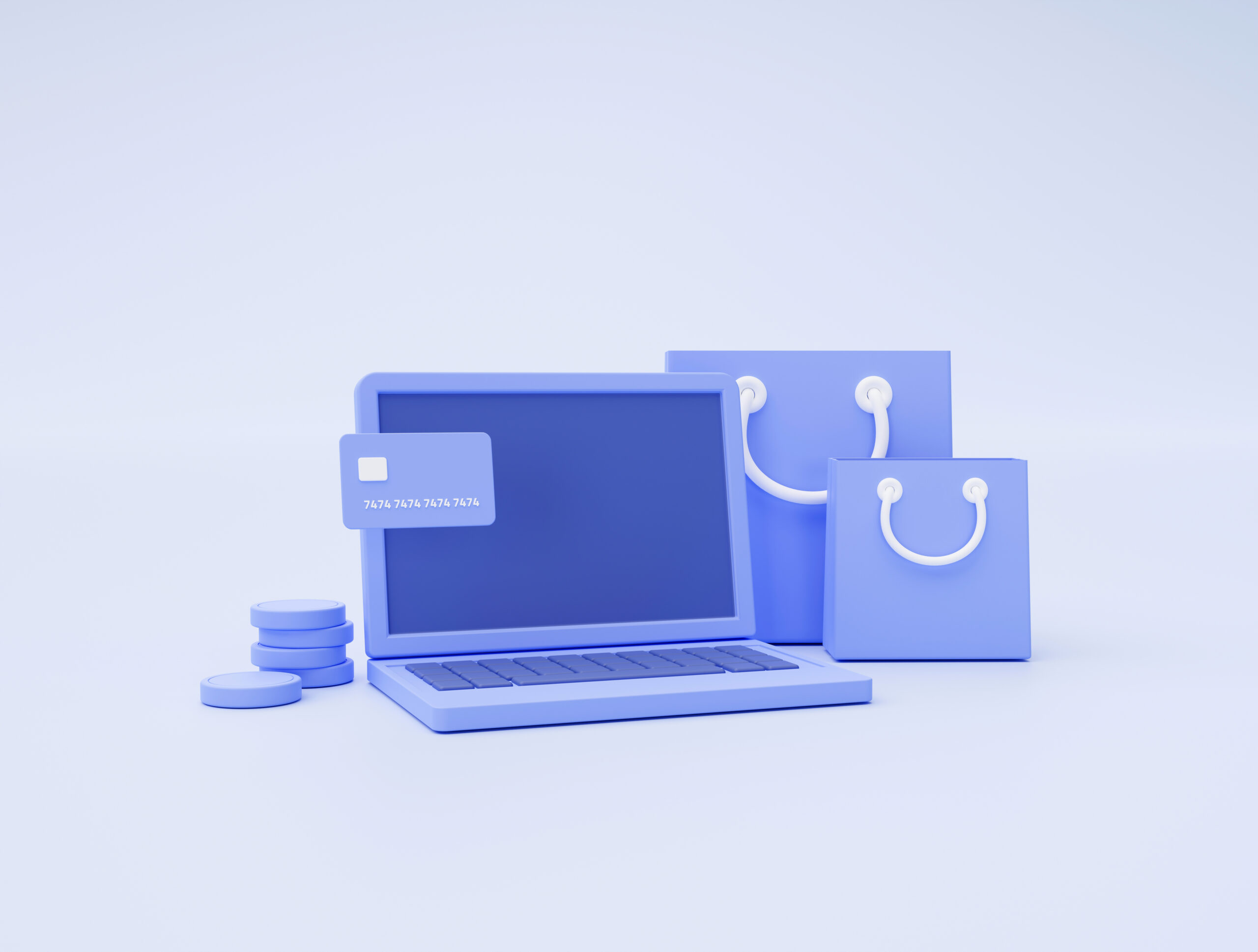 Laptop with credit card payment online shopping bag e-commerce concept on blue background 3d illustration
