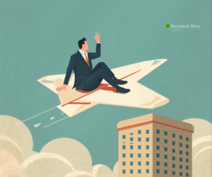 A stylized illustration depicts a businessman in a dark suit and red tie sitting confidently atop a large paper airplane soaring above a city building and clouds. He is waving with his right hand, suggesting progress, aspiration, and a strategic upward trajectory in his career. The "Decision Tree Consulting" logo is visible in the upper right corner, implying their role in facilitating this advancement.