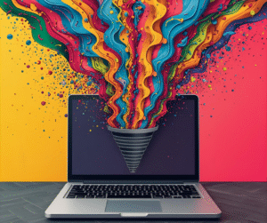 Colorful Data Stream Flowing Through Funnel on Laptop Screen: Concept of Filtering and Refining Information for Brand Story