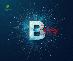 Creative graphic with letter B symbolizing 'Brand Story' for Decision Tree Consulting, featuring radiant blue light burst design.