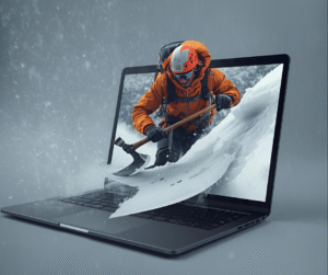 A 3D rendering of a professional mountain climber in a bright orange jacket and helmet, using an ice axe to climb a snowy mountain. The climber and a trail of snow appear to be bursting out of the screen of a modern laptop computer, creating a dynamic and engaging visual effect.