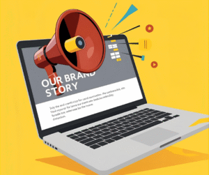 A stylized laptop screen showing a blog post with the title "OUR BRAND STORY." A large red megaphone emerges from the screen, amplifying the message with sound waves and icons like a star and a play button. The background is a solid, vibrant yellow.