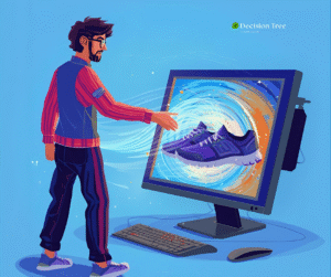 Illustration of an online shopper reaching into a computer screen to connect with a pair of shoes, symbolizing emotional product descriptions in ecommerce.