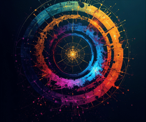 "Abstract, vibrant digital art featuring concentric rings of glowing, interconnected lines and splashes of color including blue, orange, red, and purple on a dark background. This dynamic visual symbolizes interconnected data, brand complexity, emotional impact, and the intricate web of digital marketing and e-commerce strategies."