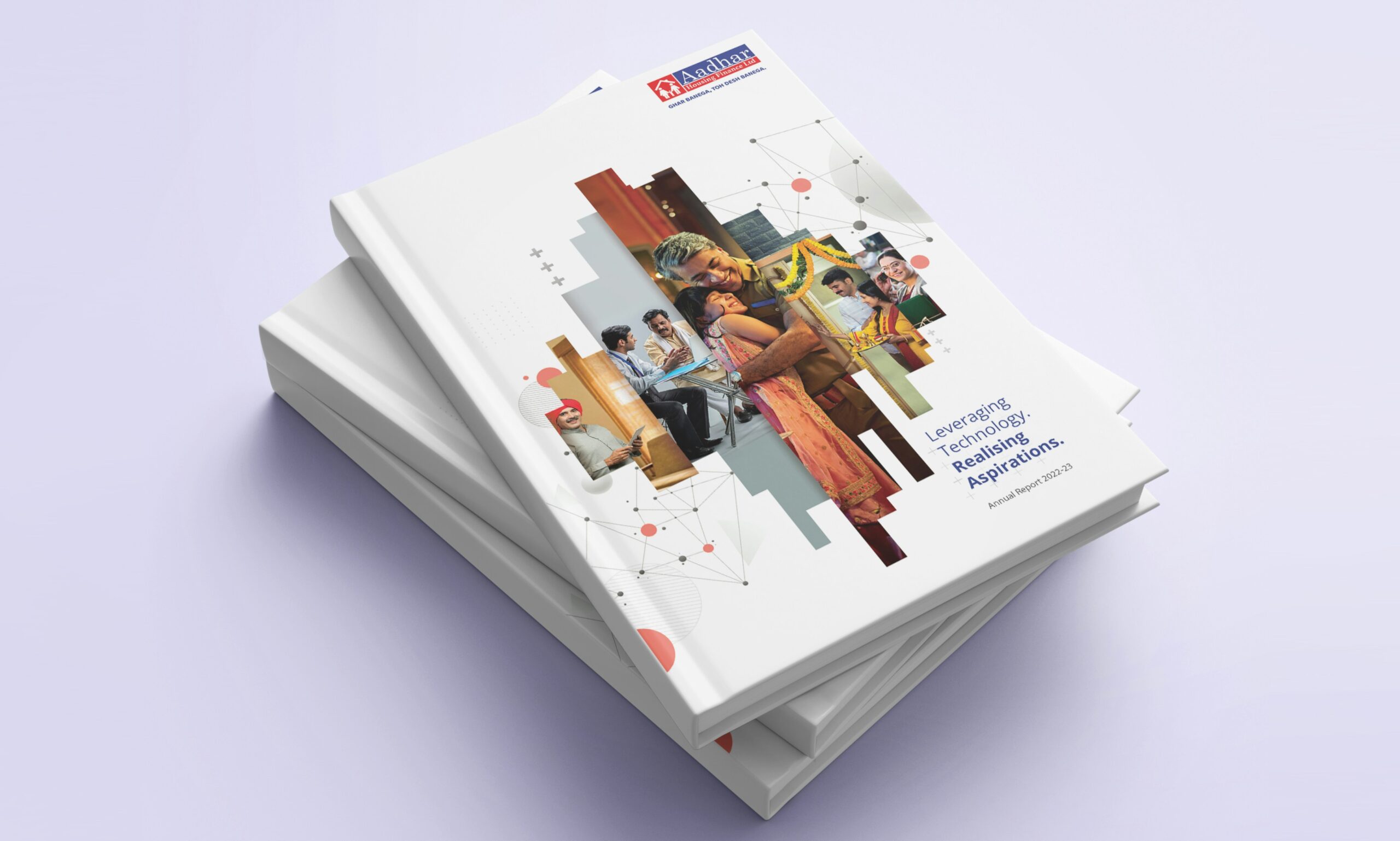 Modern annual report design for Aadhar Housing Finance, focusing on technology, aspirations, and investor relations in India.