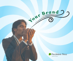 Indian businessman in a suit blowing a conch shell, symbolizing brand creation and digital identity, with “Your Brand” emerging from the conch against a blue swirl background—depicting the genesis of a business and the power of website strategy in branding.